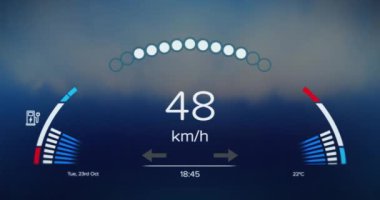 Digital animation of speedometer against blue gradient background. Automobile engineering interface and business technology concept