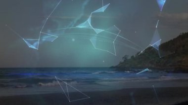 Animation of globe of plexus network against sea waves and the beach. Global networking and business technology concept