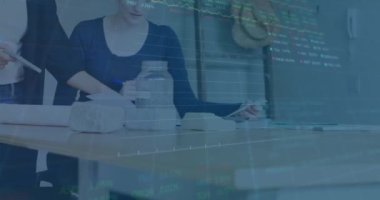 Animation of stock market data processing over two diverse women discussing at office. Global economy and business technology concept