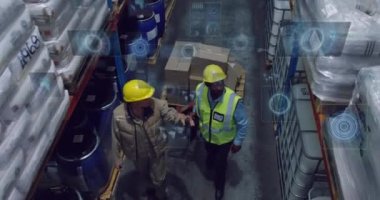Animation of data processing with scope scanning over diverse workers in warehouse. Global connections, computing and digital interface concept digitally generated video.