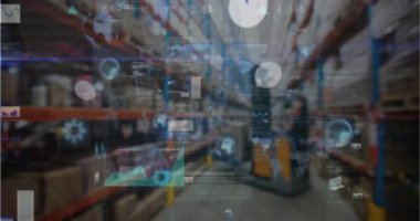 Animation of data processing with scope scanning over warehouse. Global connections, computing and digital interface concept digitally generated video.