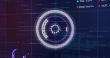 Animation of scope scanning and data processing over blue background. Global business and digital interface concept digitally generated video.