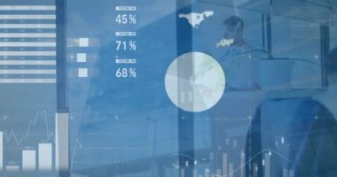 Animation of data processing over diverse business people walking and working in office. Global business and digital interface concept digitally generated video.