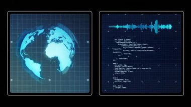 Animation of data processing with globe on black background. Global connections, computing and digital interface concept digitally generated video.