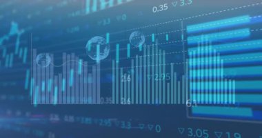 Animation of bubbles and data processing over blue background. Global business and digital interface concept digitally generated video.