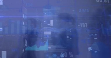 Animation of statistical data processing against time-lapse of people walking at office. Business data and analytics technology concept