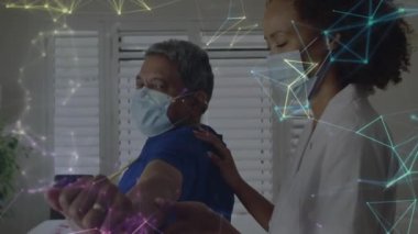 Animation of connections over diverse doctor and patient exercising. Medicine, healthcare and lifestyle concept digitally generated video.