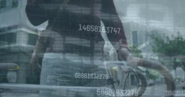 Animation of security chain icon african american man with bicycle using smartphone on the street. Cyber security and business technology concept