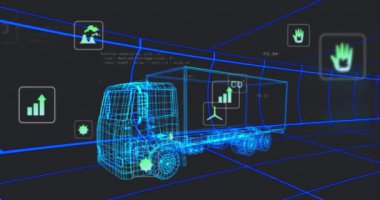 Animation of digital car interface and data processing over 3d model of car. Global engineering, digital interface, business, computing and data processing concept digitally generated video.