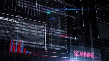 Siyah arka planda finansal veri işleme animasyonu. Küresel iş, finans ve dijital arayüz kavramı dijital olarak oluşturulmuş video.