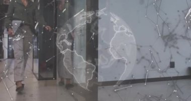 Ofiste çalışan Asyalı iş kadını üzerinden bağlantı ağının ve dünyanın animasyonu. Küresel iş, finans ve dijital arayüz kavramı dijital olarak oluşturulmuş video.