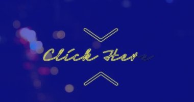 Animation of click here neon text banner against night city traffic. Social media networking and business technology concept