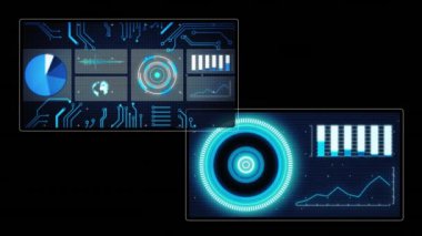 Animation of data processing with scope scanning on black background. Global connections, computing and digital interface concept digitally generated video.