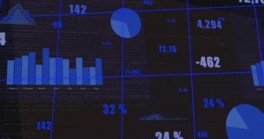 Animation of multiple changing numbers and statistical data processing against computer screen. Business data technology concept