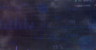 Animation of stock market and statistical data processing against grey background. Global economy and business data technology concept