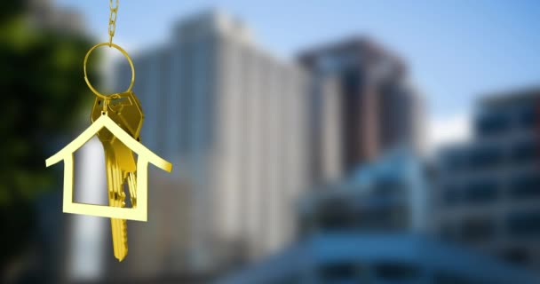Animation Golden Key House Cityscape Moving House Business Concept Digitally — Vídeo de stock