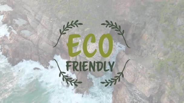 Animation Eco Friendly Text Ocean Rocky Coast Sustainability Climate Awareness — Vídeo de Stock