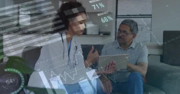 Animation Financial Data Processing Diverse Doctor Patient Using Tablet Medicine — Vídeos de Stock