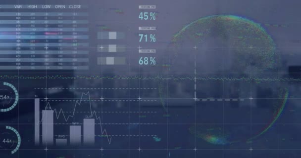 Animation Multiple Graphs Computer Language Trading Board Map Globe Digitally — Stock video