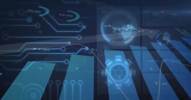 Animation of financial data processing over statistics. Global business, finances, digital interface, computing and data processing concept digitally generated video.