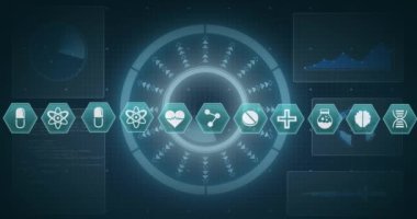 Animation of medical icons and scientific data processing over blue background. Global medicine, science, digital interface, computing and data processing concept digitally generated video.
