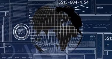 Animation of financial data processing and globe over electricity pylons. Global business, finances and digital interface concept digitally generated video.