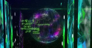 Animation of mathematical formulae and scientific data processing over globe. Global science, computing and data processing concept digitally generated video.