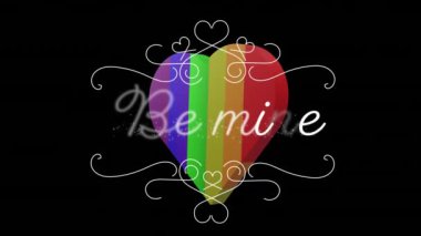 Animation of be mine text over rainbow heart on black background. Valentine's day, love and celebration concept digitally generated video.