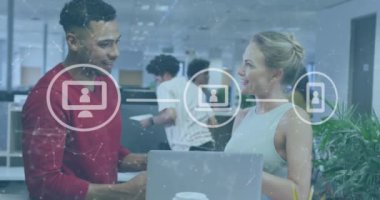 Animation of icons and data processing over diverse business people in office. Global business, finances, computing and data processing concept digitally generated video.