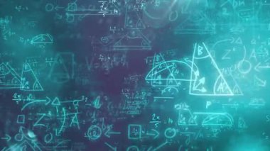 Animation of mathematical formulae and data processing over dark background. Global business, finances, computing and data processing concept digitally generated video.