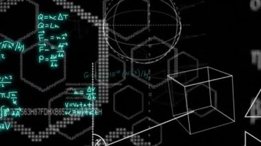 Matematiksel formüllerin animasyonu ve kara arkaplan üzerinde bilimsel veri işleme. Küresel bilim, bilgisayar ve veri işleme kavramı dijital olarak oluşturulmuş video.