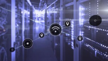 Animation of connected icons over illuminated server room in background. Digital composite, multiple exposure, communication, direction, networking, technology and network server concept.