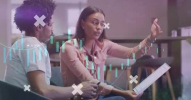 Animation of markers and data processing over diverse business people in office. Global business, finances, computing and data processing concept digitally generated video.