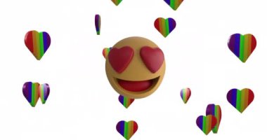 Animation of emoji icon and rainbow hearts moving on white background. Valentine's day, love and celebration concept digitally generated video.