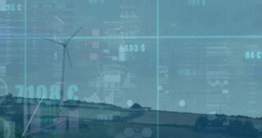 Animation of financial data processing over wind turbine. Global sustainability, wind energy, business, finances, computing and data processing concept digitally generated video.