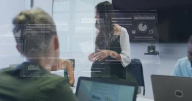 Animation of financial data processing over diverse business people in office. Global business, finances, computing and data processing concept digitally generated video.