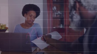 Animation of financial data processing over african american father and daughter reading documents. Finances, lifestyle and digital interface concept digitally generated video.