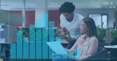 Animation of financial data processing over diverse business people working in office. Global business, finances, computing and data processing concept digitally generated video.