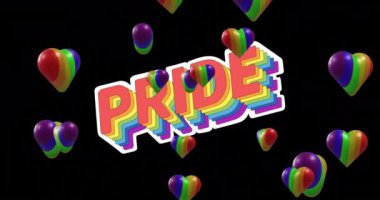 Animation of rainbow hearts over pride text on black background. Valentine's day, love and celebration concept digitally generated video.