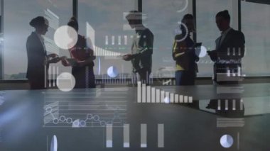 Animation of financial data processing over diverse business people. Global business, finances, computing and data processing concept digitally generated video.