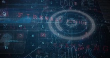 Animation of multiple texts, circuit board pattern in padlock over letters, numbers, symbol, graph. Digitally generated, hologram, protection, security, password, arc reactor and technology concept.