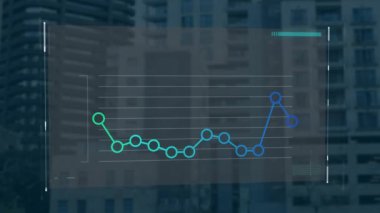 Animation of financial data processing over cityscape. Global business, finances, computing and data processing concept digitally generated video.