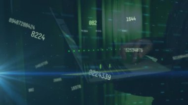 Animation of data processing over computer servers and it technician with laptop. Global business, finance, computing and data processing concept digitally generated video.