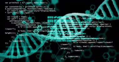 Animation of dna strand and scientific data processing over black background. Global science, computing and data processing concept digitally generated video.