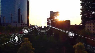 Animation of network of connections over cityscape. Global connections, technology and digital interface concept digitally generated video.