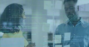 Animation of financial data processing over diverse business people in office. Global business, finances, computing and data processing concept digitally generated video.