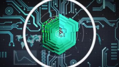 Animation of circuit board, data processing over statistics. Global business, finances, digital interface, computing and data processing concept digitally generated video.