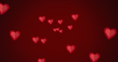 Kırmızı arka planda hareket eden kırmızı kalplerin animasyonu. Sevgililer Günü, aşk ve kutlama konsepti dijital olarak oluşturulmuş video.