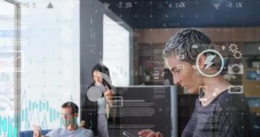 Animation of financial data processing over diverse business people using technological devices. Global business, finances and digital interface concept digitally generated video.