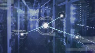 Animation of connected icons and dots with programming language over server room. Digital composite, multiple exposure, communication, coding, networking, technology and network server concept.